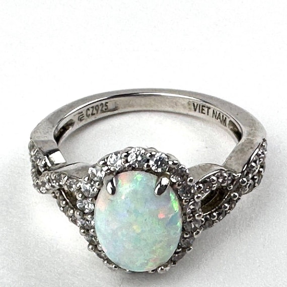 925 Sterling Silver Opal & Cubic Zirconia Ring - … - image 4