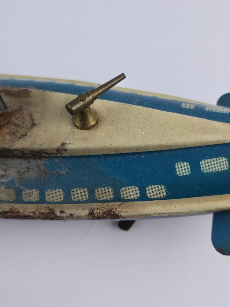 Submarino vintage Wolverine Toys, hojalata, litografía, llave de cuerda, accesorio de trabajo, azul imagen 7