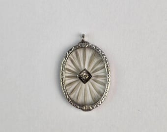 Art Deco 14K White Gold Natural Diamond Camphor Glass Pendant 19mm Oval shape