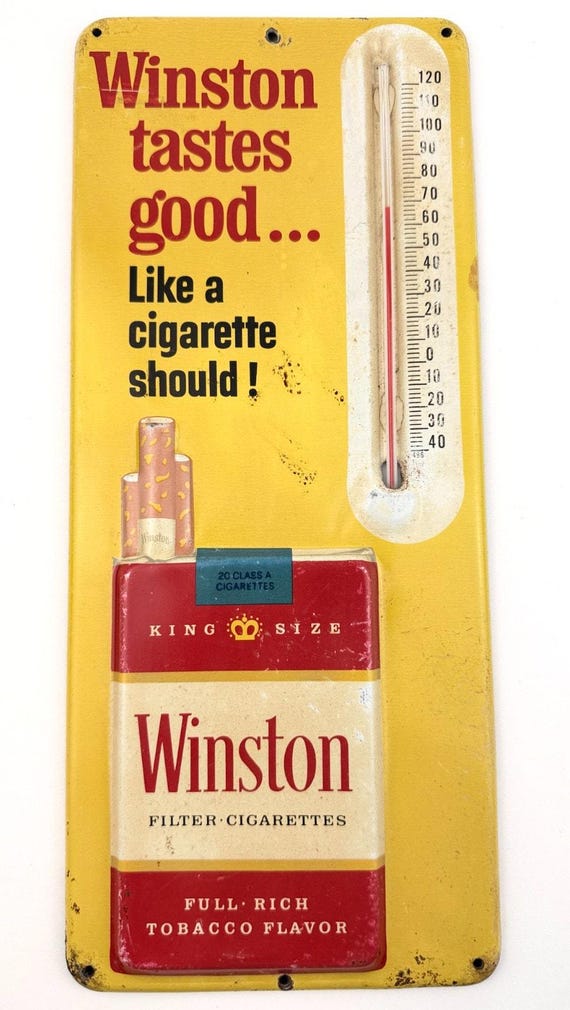 where is winston cigarettes made Vintage 1950s Winston Cigarettes Advertising Thermometer Tin Sign Made USA  13.5