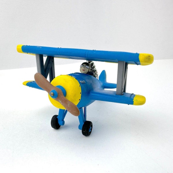 Dept 56 "Spirit of the Snow Village" Blue/Yellow Airplane w/Pilot, Tree & Gift