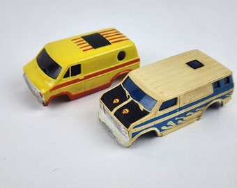 Vintage Pair Slot Car Van Bodies Yellow Dodge Ford Blue Flame Keep On Truckin'