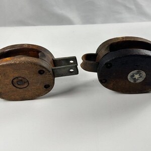 Lot of 2 Vintage Rustic Barn Wood Block & Metal Sheave PULLEYS 6.5&quot; x 3&quot; No Hooks