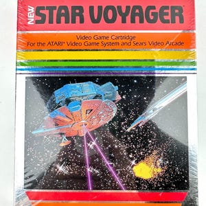 May include: New Star Voyager video game cartridge for the Atari Video Game System and Sears Video Arcade. The box features a space scene with a spaceship, stars, and the IMAGIC logo. The packaging is sealed in plastic.