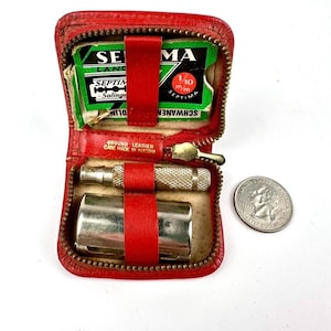 Vintage 60s Gillette Travel Shaving Razor Kit 2&quot; Red Leather Zip Case Austria GC