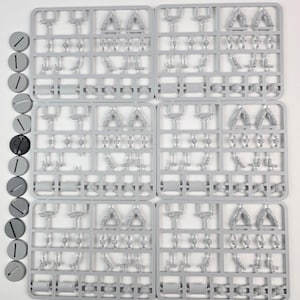 May include: A collection of unpainted miniature model parts on gray plastic sprues, along with several gray and one black circular bases. The parts are arranged in a grid pattern, ready for assembly. Ideal for hobbyists and model builders.