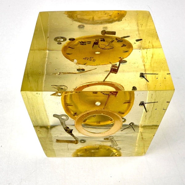 Mid-Century Lucite Cube Paperweight Clock Watch Exploded View Clock Parts