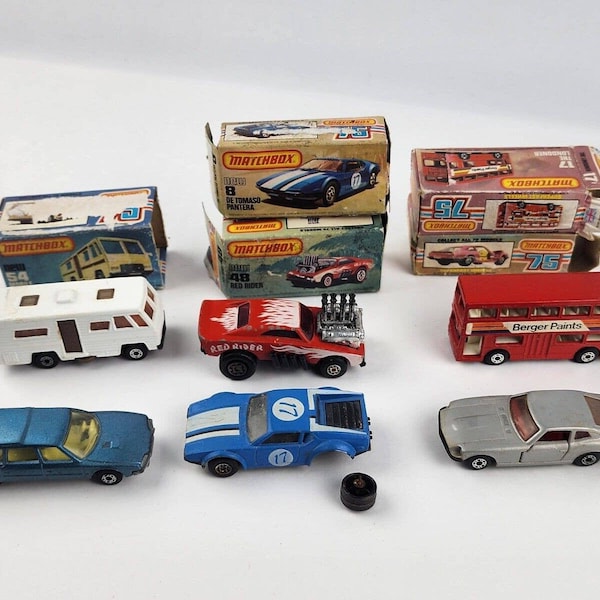 Lot 1970's Matchbox Cars w/ Boxes Red Rider Londoner Mobile Home Pantera Datsun