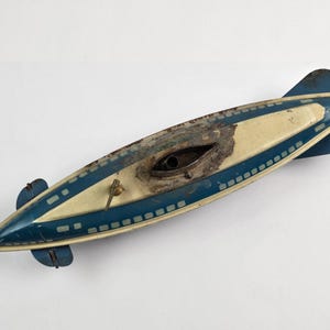Submarino vintage Wolverine Toys, hojalata, litografía, llave de cuerda, accesorio de trabajo, azul imagen 2