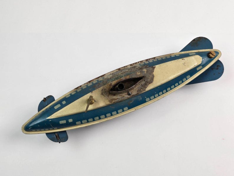 Submarino vintage Wolverine Toys, hojalata, litografía, llave de cuerda, accesorio de trabajo, azul imagen 2