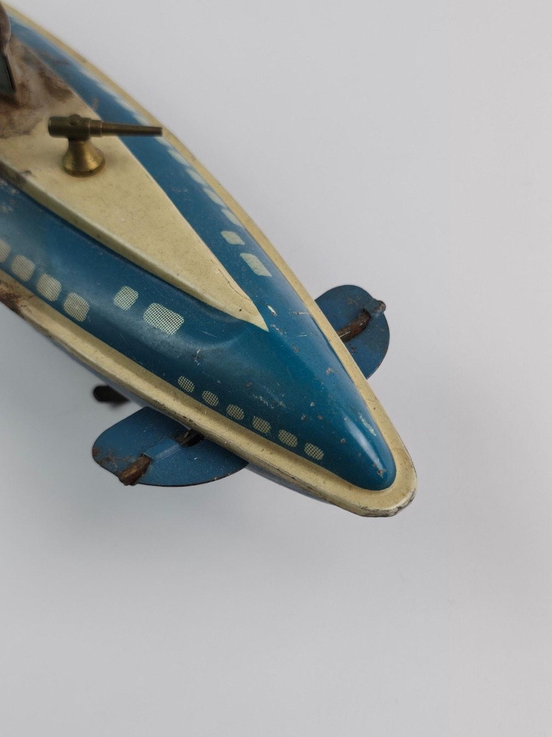 Submarino vintage Wolverine Toys, hojalata, litografía, llave de cuerda, accesorio de trabajo, azul imagen 8