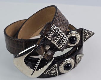 Cinturón con tachuelas Leatherock 1994 para mujer, piel marrón con estampado de reptil, ML 44.5"