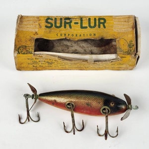 Vintage Sur Lur Propellerhead Three Hook Wood Minnow Red Black Fishing Lure  50