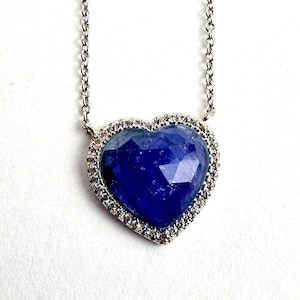 925 JCL Blue Gem Heart 3/4" Pendant Necklace CZ Halo Chain 18"