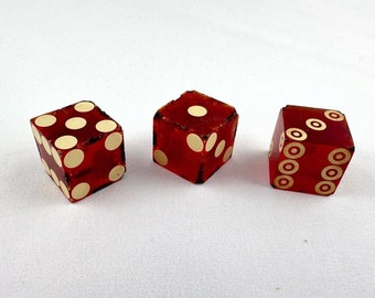 3 Vintage Red White Casino Craps Dice Each 3/4" One has Circles not Dots