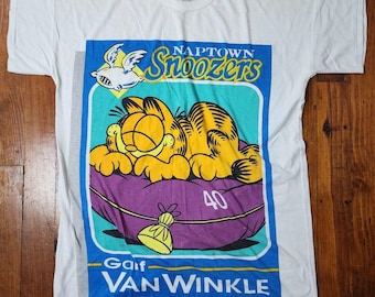 Vintage 90s Garfield Van Winkle Sleeping Shirt Long Pajama Top M/L White