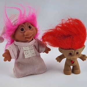 Pair vintage Troll Dolls Red Hair Gem Belly / Pink Hair Pajama outfit Ace & DAM