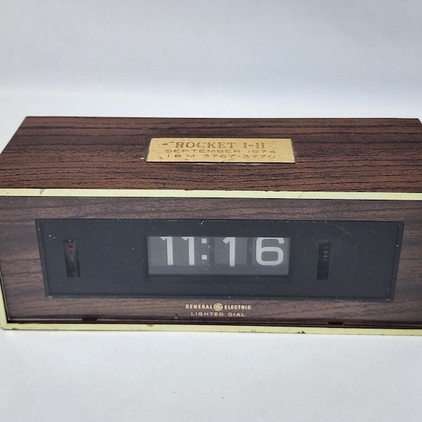 Vintage Wood Grain Flip Clock Lighted Dial Alarm IBM Badge Tested & working