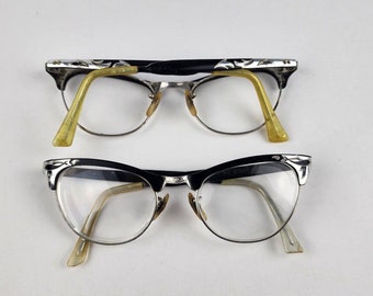 1960's MC Aluminum Cats Eye Eyeglasses Frames 12k Gold Filled 2-Pair (one broken