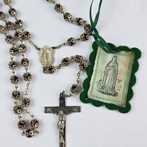 Vintage Ornate Rosary Silvertone Capped Translucent Red Beads w/ Crucifix