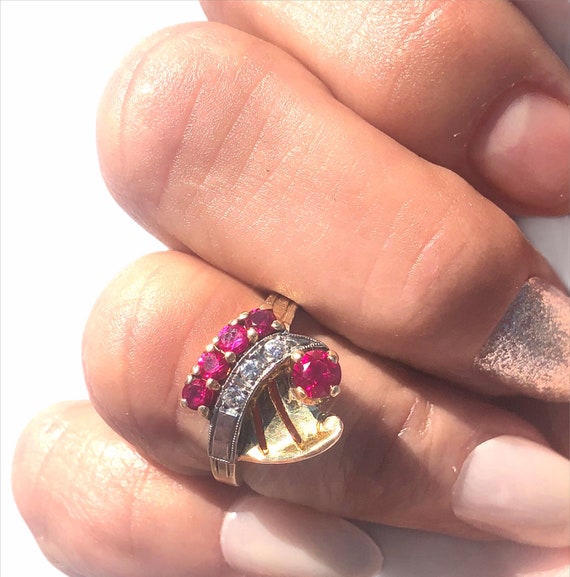 Ladies Retro yellow gold with the synthetic rubie… - image 7