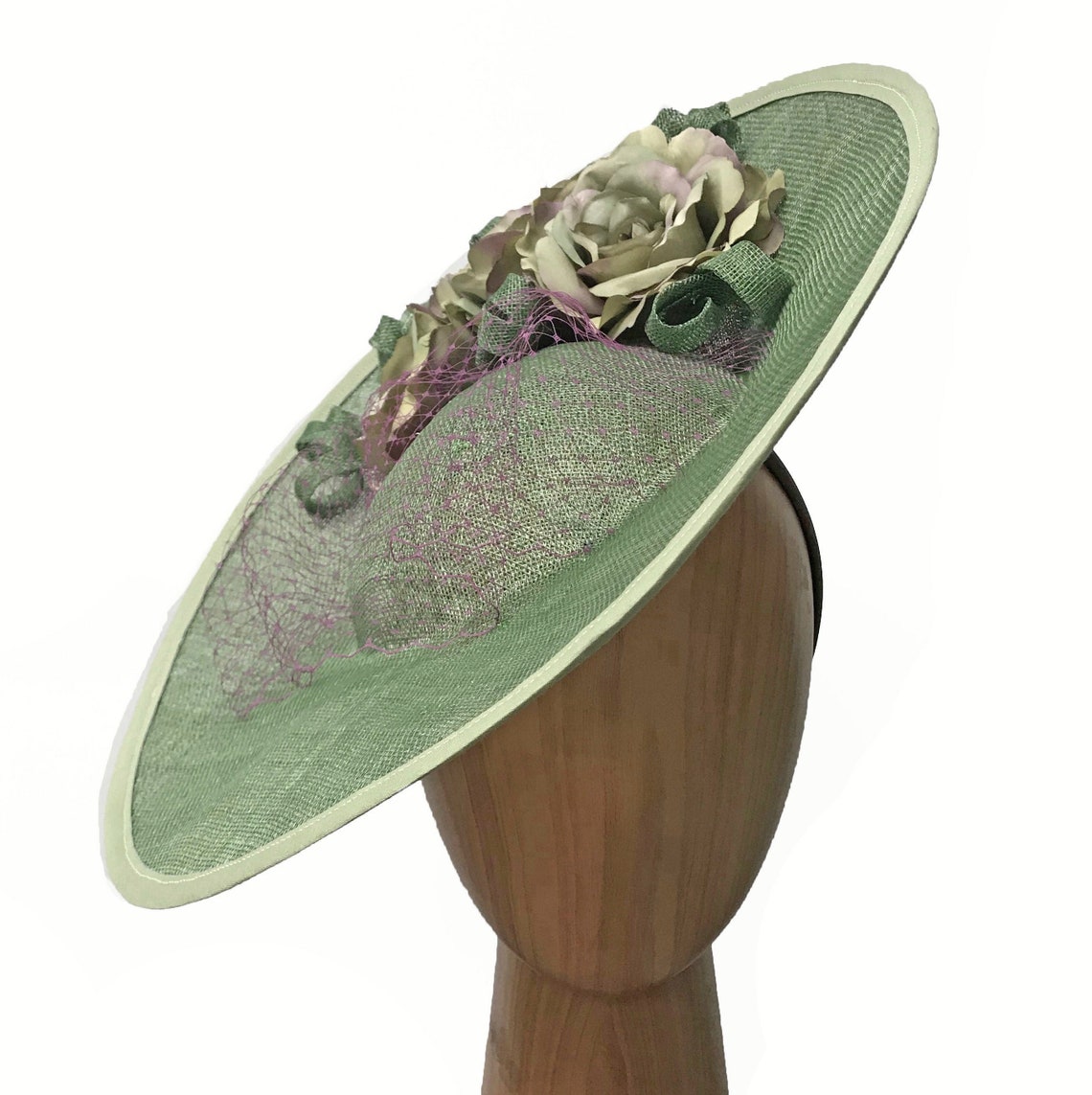 Sage green fascinator with roses sinamay curls hint of Etsy