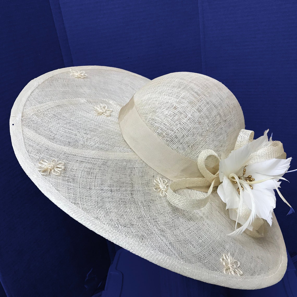 Large natural cream colored Hat with large feather flower and Etsy
