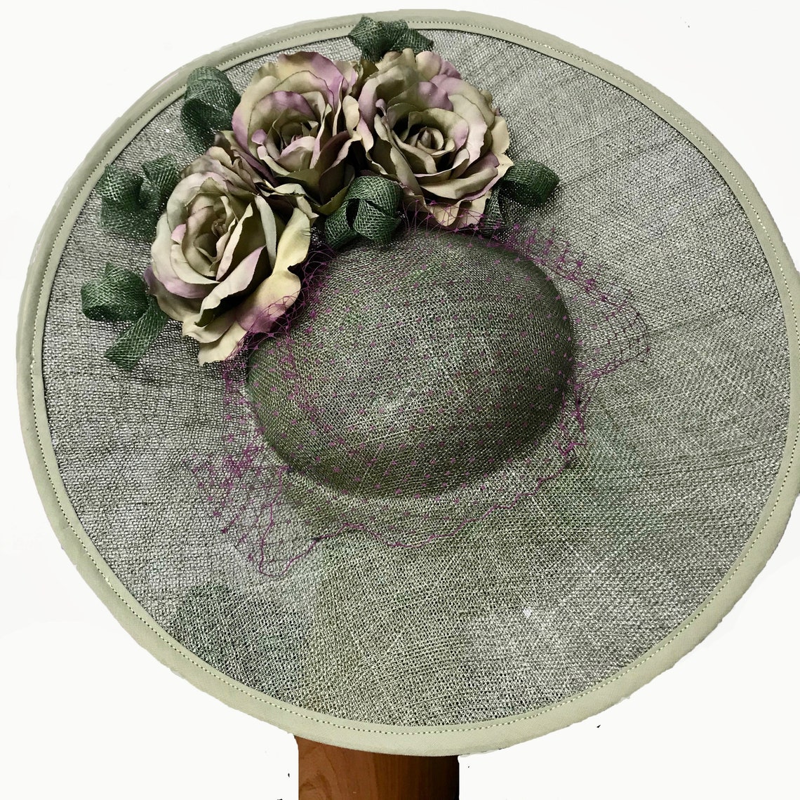 Sage green fascinator with roses sinamay curls hint of Etsy