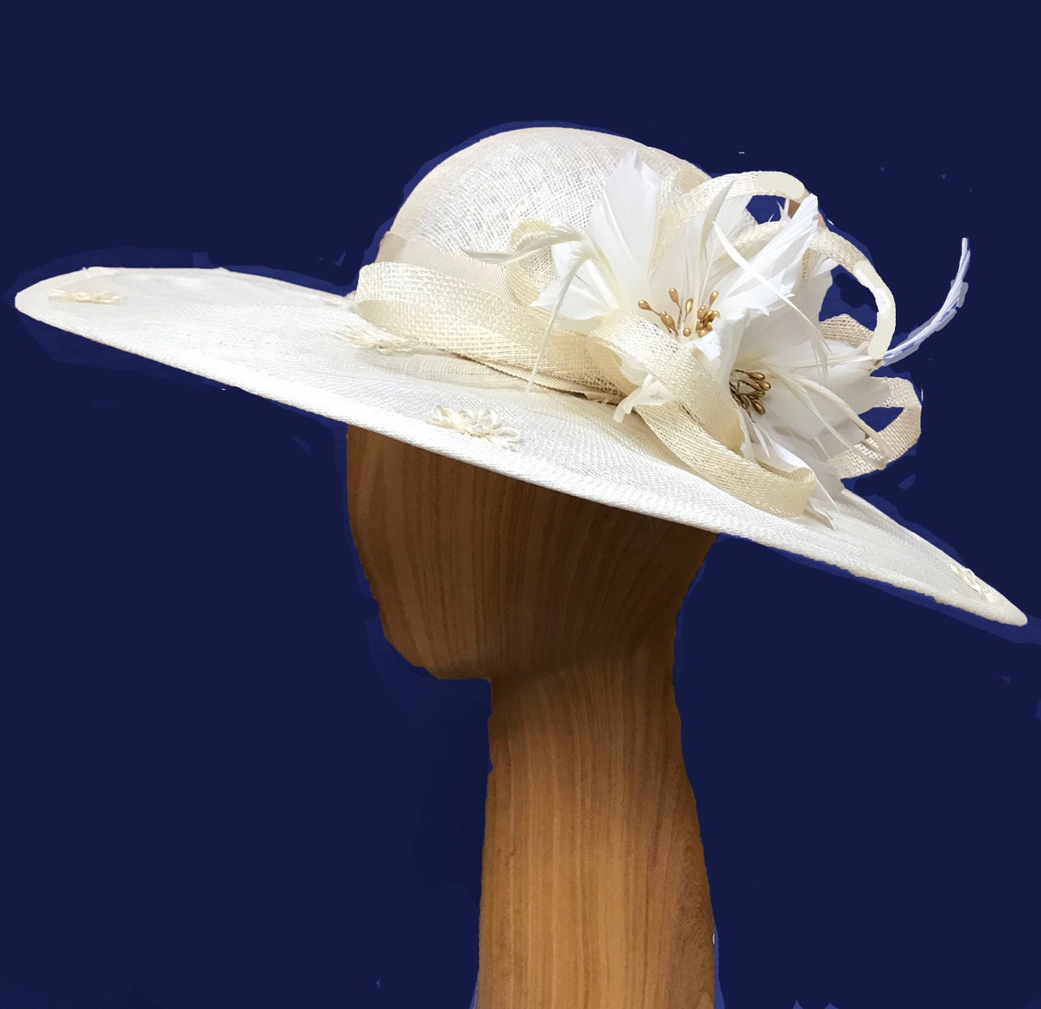 Large natural cream colored Hat with large feather flower and Etsy