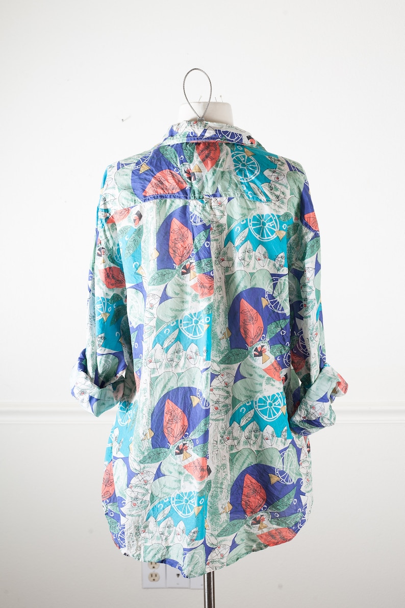 Vintage Silk Blouse Abstract Print Oversized Button Down Shirt Retro 90s Top Baroque Silk Scarf Print Blouse 90s Grunge Button Down