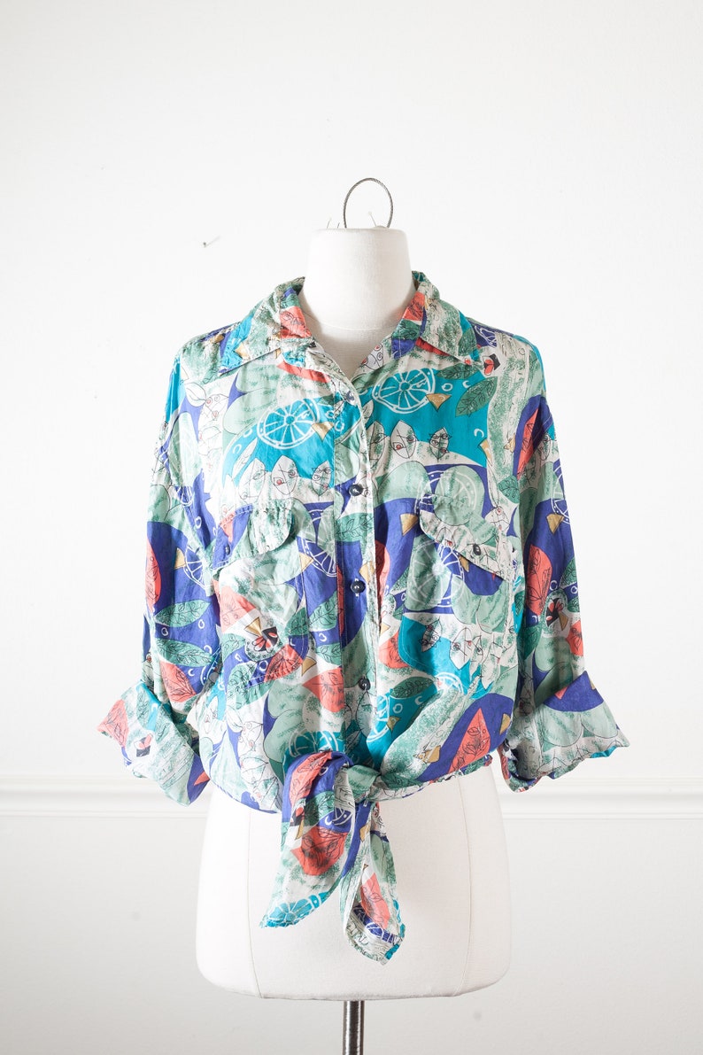 Vintage Silk Blouse Abstract Print Oversized Button Down Shirt Retro 90s Top Baroque Silk Scarf Print Blouse 90s Grunge Button Down