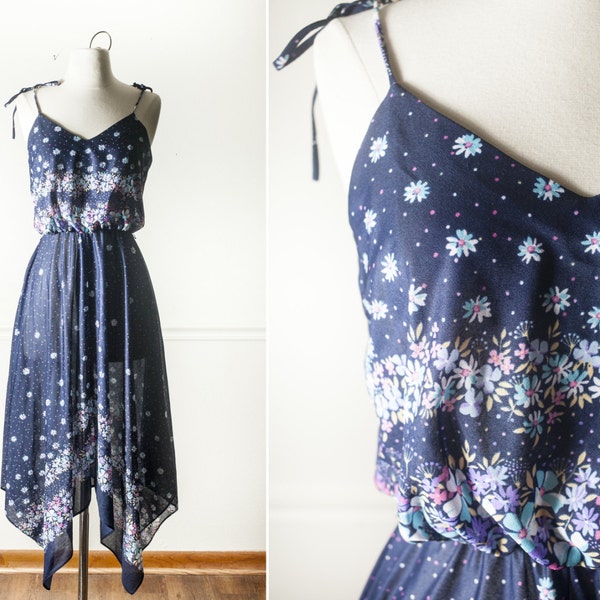 Vintage 70s Peasant Dress | 70s Dress Midi Skirt Hippie Boho High Waisted Skirt Blouson Day Dress Mod Midi Skirt Gypsy Dress Festival Dress