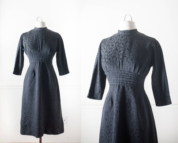 1950s Fit and Flare Black Cocktail Dress, Black P… - image 1