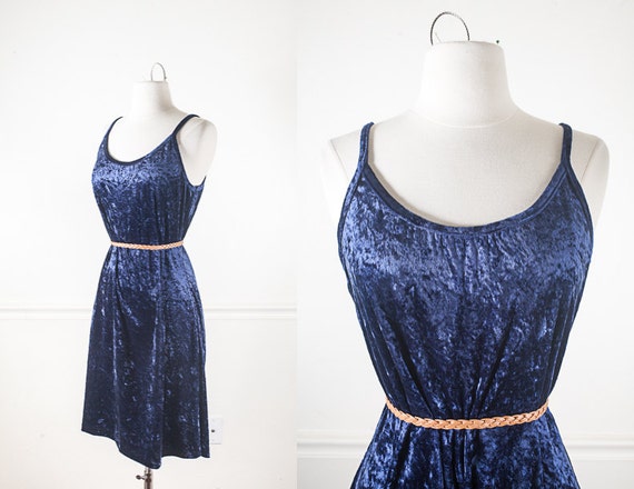 Navy Blue Crushed Velvet 90s Grunge Dress, Soft Gr