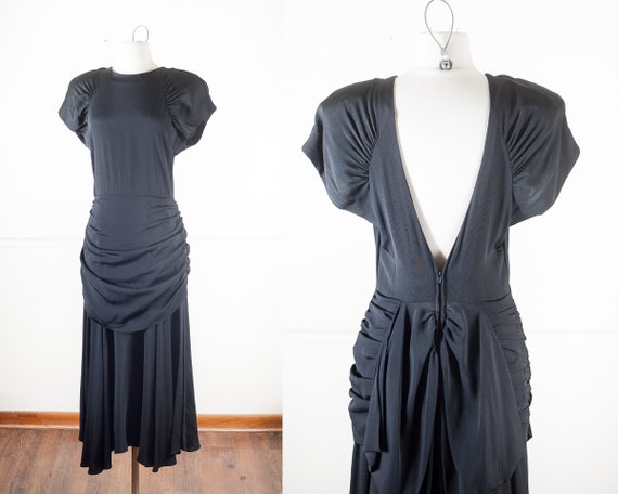 80s does 40s Rayon Black Draped Evening Gown, Femm