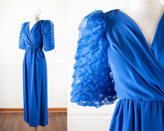 Royal Blue 1960s Evening Gown with Lantern Sleeves