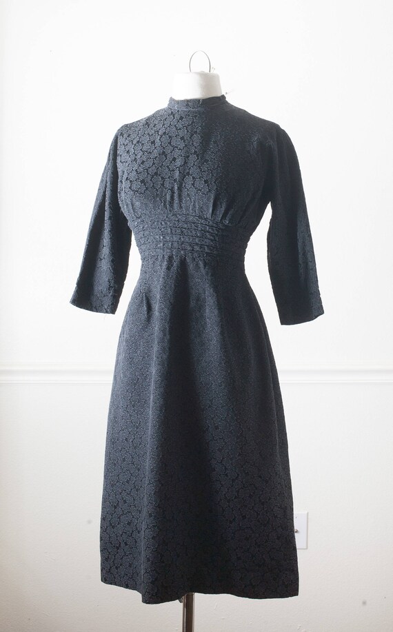 1950s Fit and Flare Black Cocktail Dress, Black P… - image 2