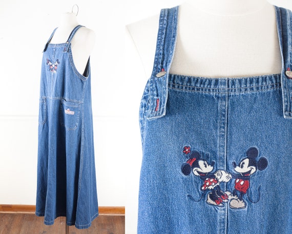 Vintage Mickey Mouse Denim Bib Overalls Dress, Vin