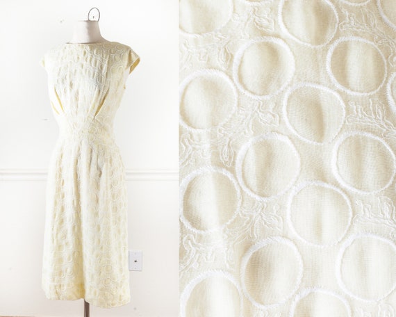 Vintage 50s Pale Yellow Embroidered Dress, Retro 1