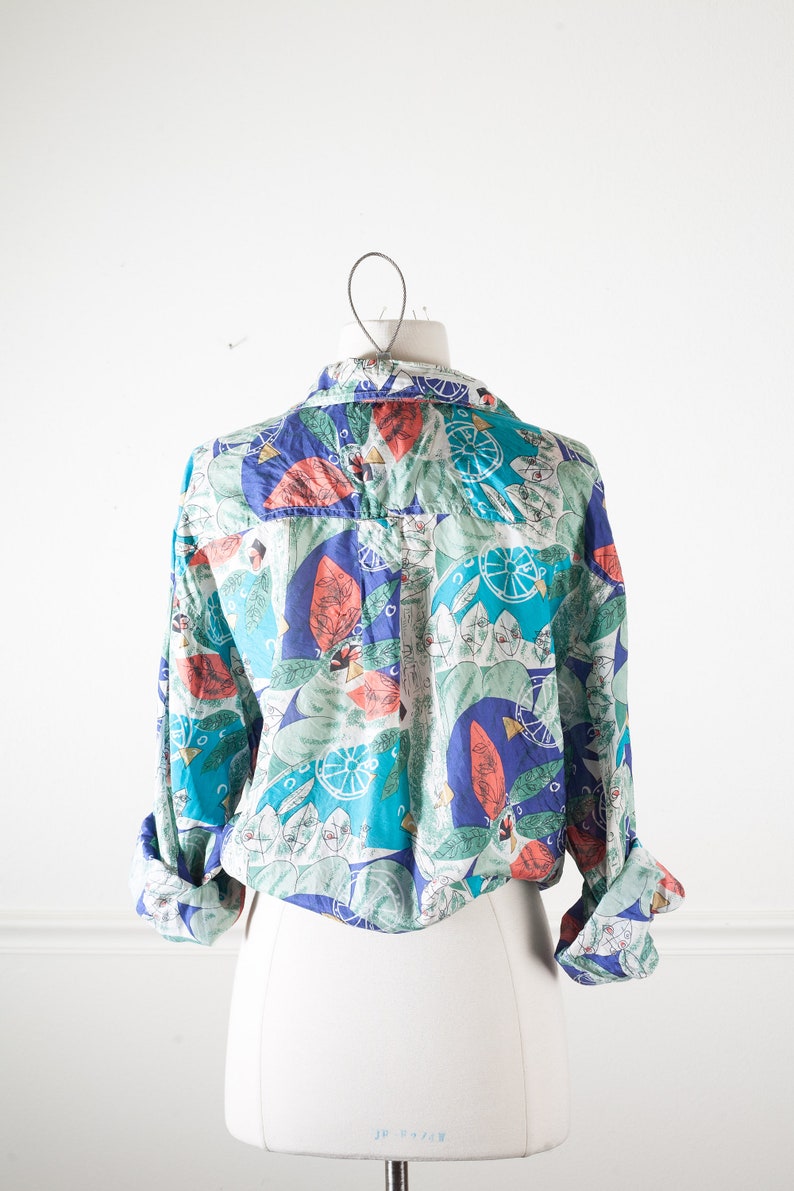 Vintage Silk Blouse Abstract Print Oversized Button Down Shirt Retro 90s Top Baroque Silk Scarf Print Blouse 90s Grunge Button Down