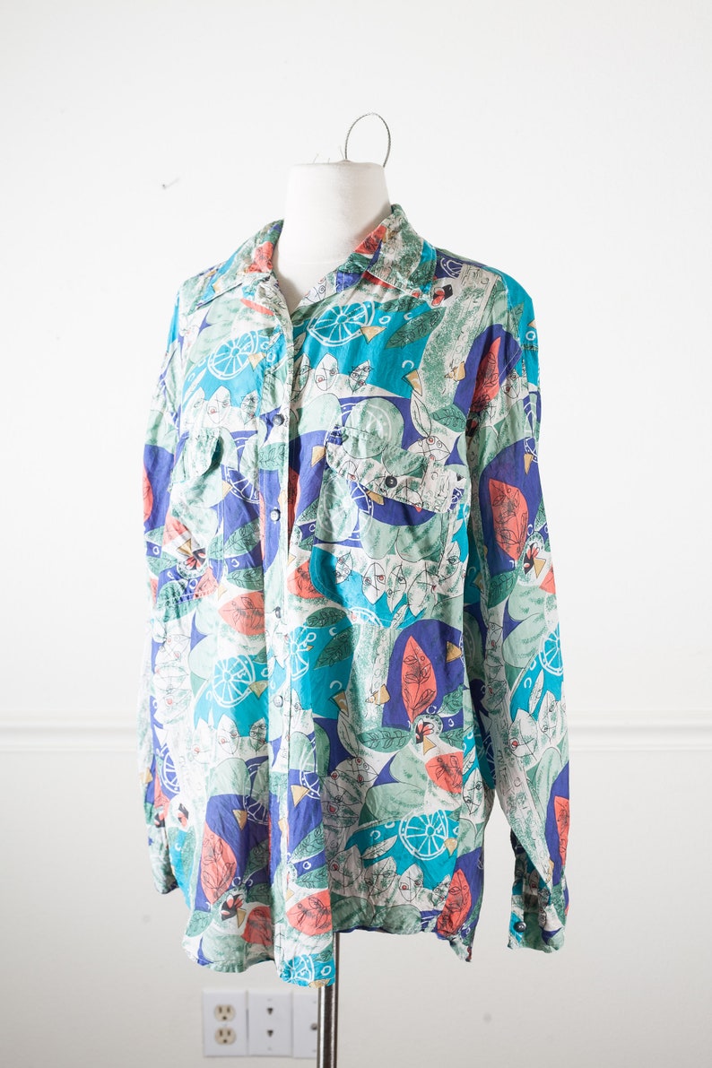 Vintage Silk Blouse Abstract Print Oversized Button Down Shirt Retro 90s Top Baroque Silk Scarf Print Blouse 90s Grunge Button Down