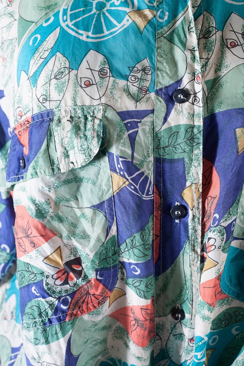 Vintage Silk Blouse Abstract Print Oversized Button Down Shirt Retro 90s Top Baroque Silk Scarf Print Blouse 90s Grunge Button Down