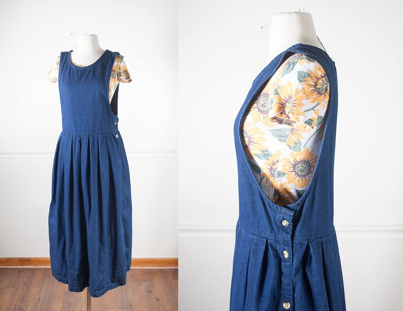 dark blue denim pinafore dress