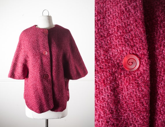 50s Raspberry Pink Wool Cape Jacket, Retro Pink Wo