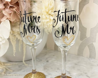 Future Mr & Mrs Flutes Set 2 - Hand painted Champagne Flutes, Engaged Champagne Flutes, Engagement gift