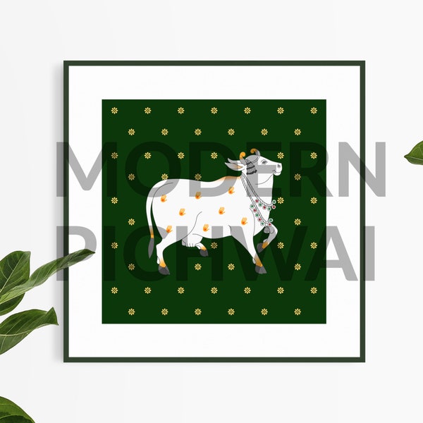 A Beautiful Pichwai Cow Digital Download with Green Background and Flower Pattern for Backdrop