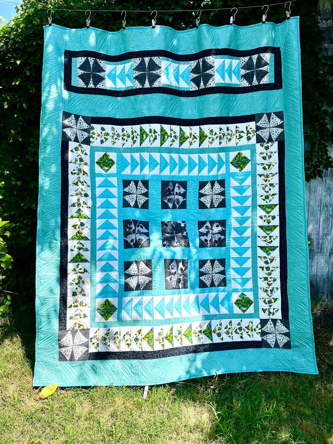 Handmade Turquoise Quilt Large Full Size Artisan Bedding Americana ...