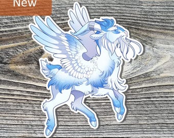 May include: A sticker featuring a cartoon illustration of a winged goat in shades of blue and white. The goat has large wings, a long beard, and curved horns. The word "New" is in a brown rectangle in the upper left corner.