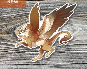 May include: A sticker featuring a detailed illustration of a griffin, a mythical creature with the body of a lion and the head and wings of an eagle. The griffin is in shades of brown, tan, and cream, with the word "New" in a brown rectangle.