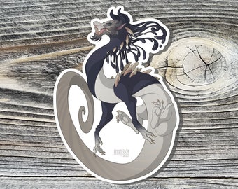 May include: A sticker featuring a black and white dragon with a long, flowing tail. The dragon has a fierce expression and is surrounded by a black and white swirl design. The sticker is signed "Minaka 2023".